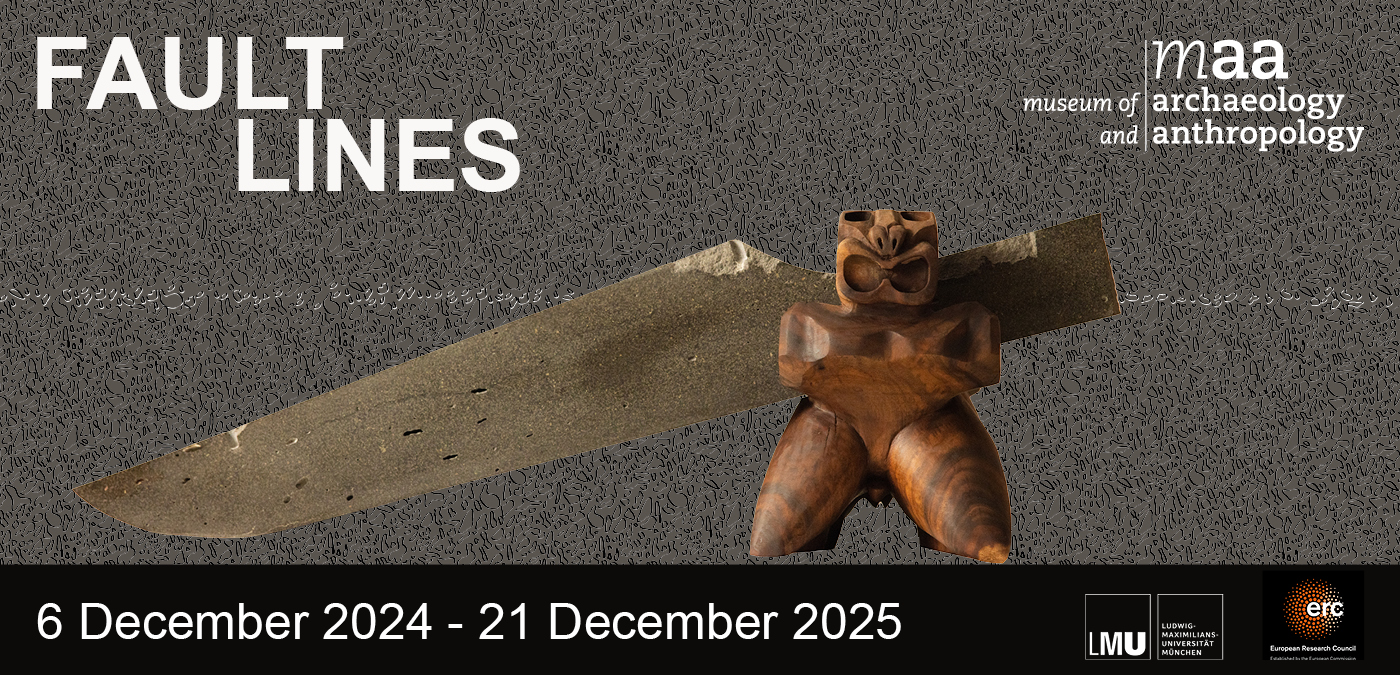 A side view of a sculpture featuring a kneeling carved wooden figure behind which a sloping slab of stone extends to the left. Text includes the exhibition title 'Fault Lines', the museum's and partners' logos and '6 December 2024 - 21 December 2025'.