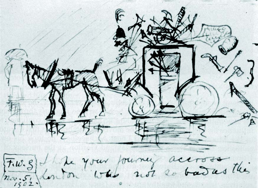 Line drawing of a horse-drawn carriage laden with items