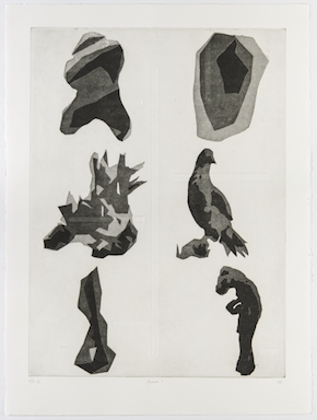 Black and white print showing six abstract shapes against a white background. objects reflect museum objects like a bird, sculptures, and other objects.