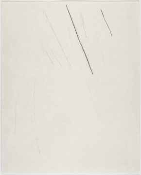 An abstract print showing one bold and multiple faint straight, diagonal lines, mostly in the top third, against a white background.