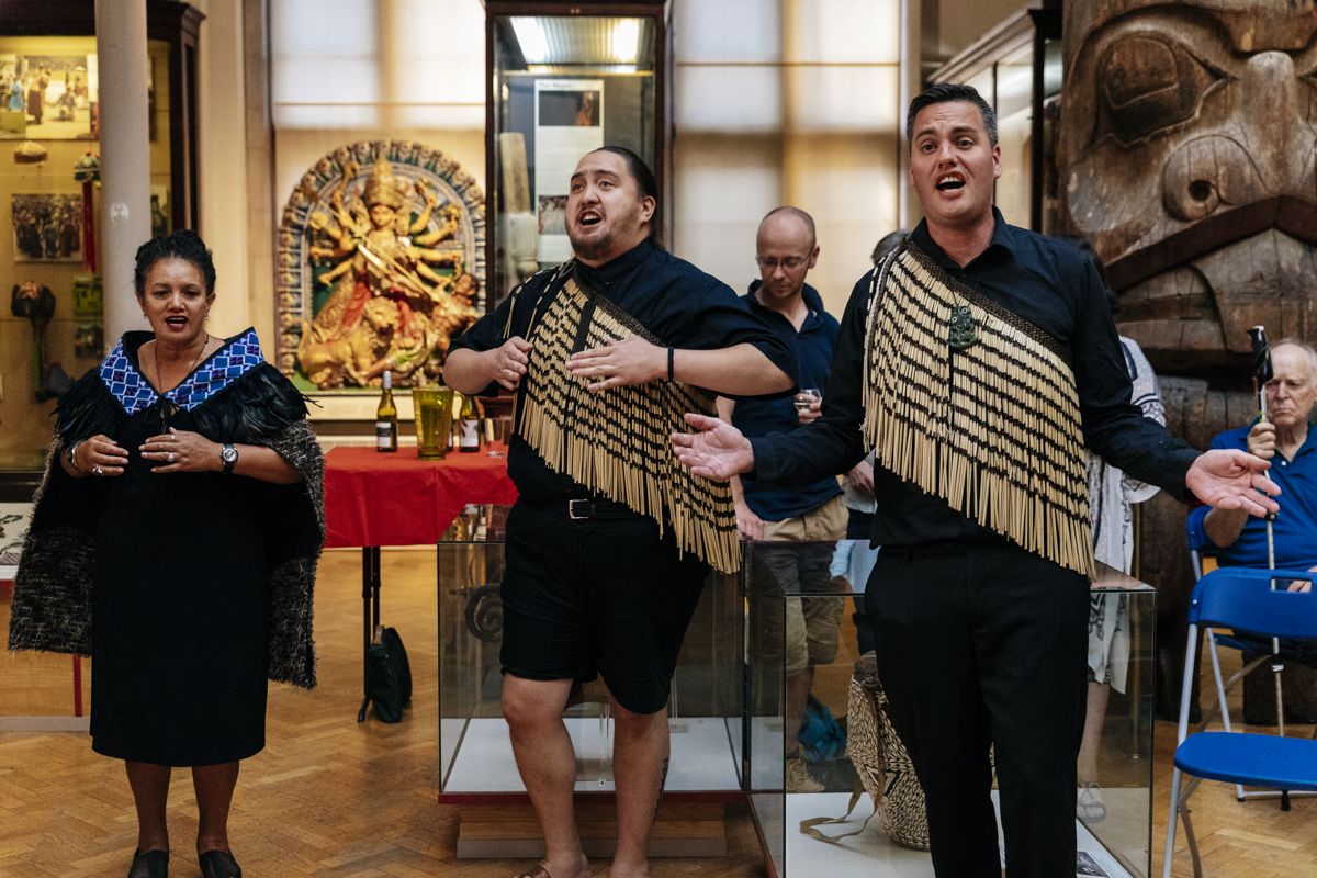 A ceremonial welcome and blessing being performed for the Pacific Currents exhibition.