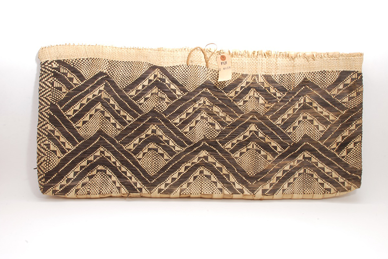 Rectangular pandanus leaf satchel in natural and dark brown colours, with a triangular patterned design