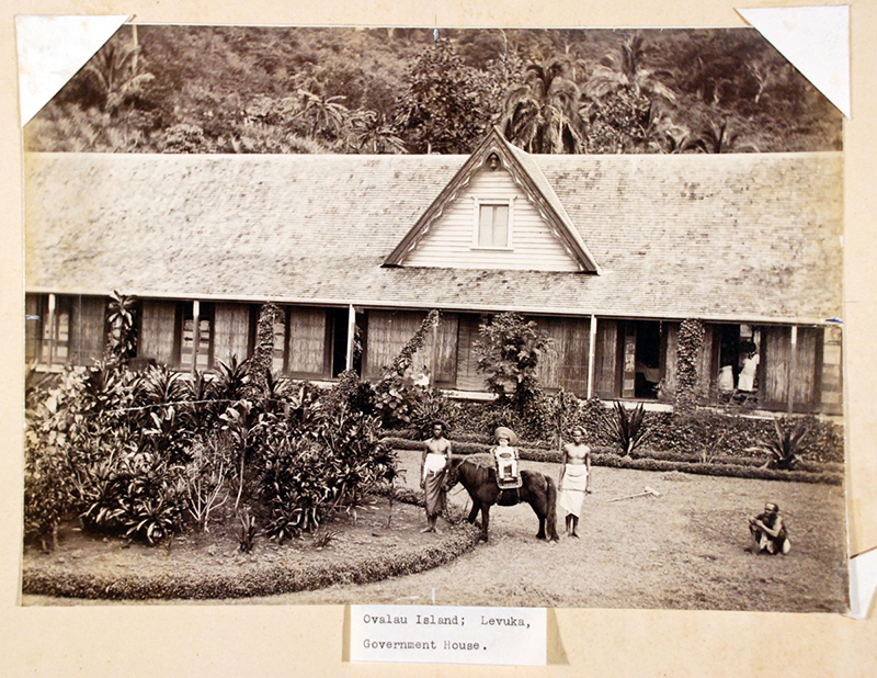 Sepia photograph of a house, in European style. A label reads 'Ovalau Island; Levuka, Government House.'