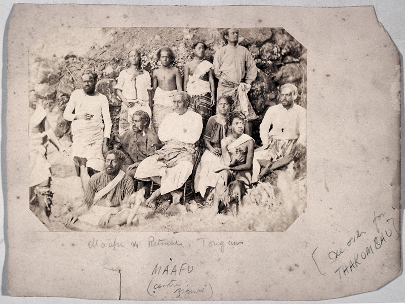  Portrait of Enele Ma'afu'atuitoga, a Tongan Chief, sitting on a chair amongst eleven men and women annotated as being his ‘Tongan retinue'
