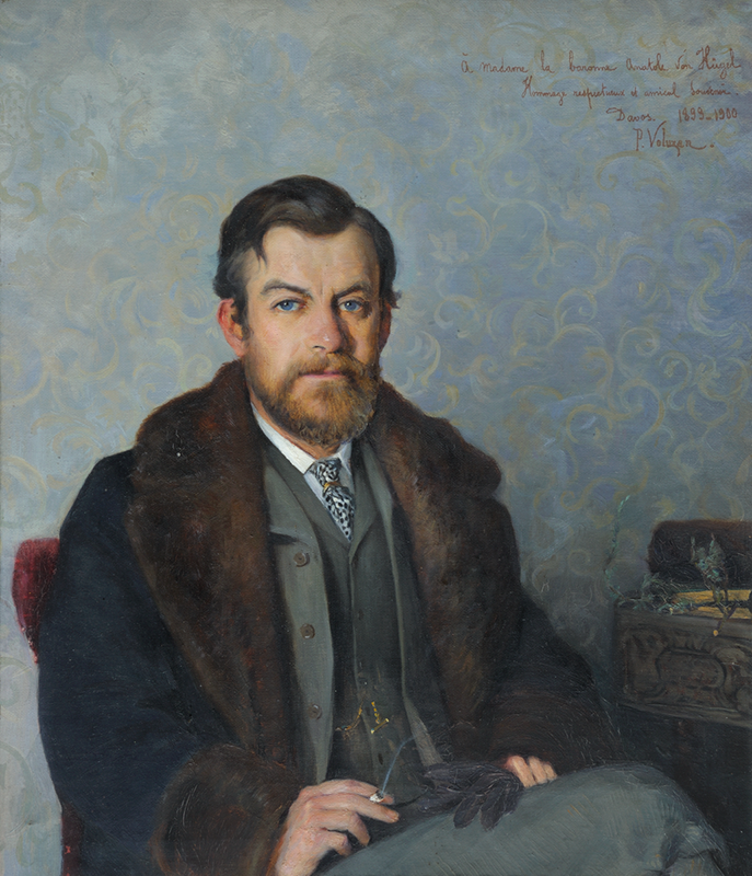 Painting of Baron Anatole von Hugel, wearing a suit and a fur collar against a blue wallpaper. An inscription is written in French in the top left corner