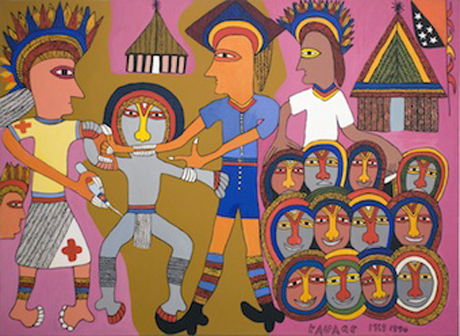 ‘Biting the Doctor’s Arm’ by Mathias Kauage, 1990. This artwork portrays the artist’s own resistance to having an injection while a child in Papua New Guinea.