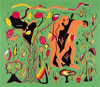   A print called 'Adam & Eve Leave the Garden' by Jan Tcega