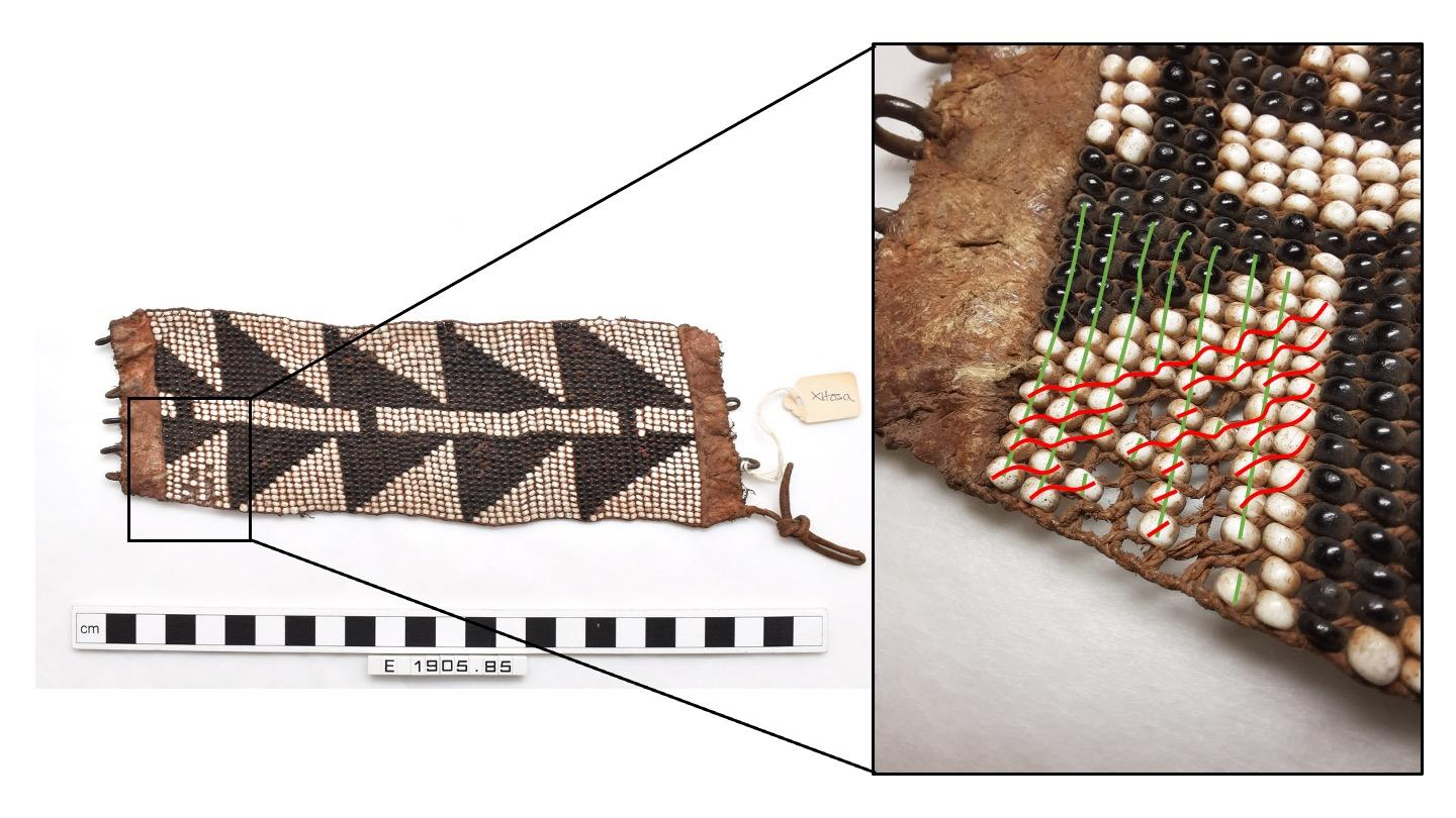 Beaded armband with detail of broken section. Green and red lines indicate the direction of the threads.