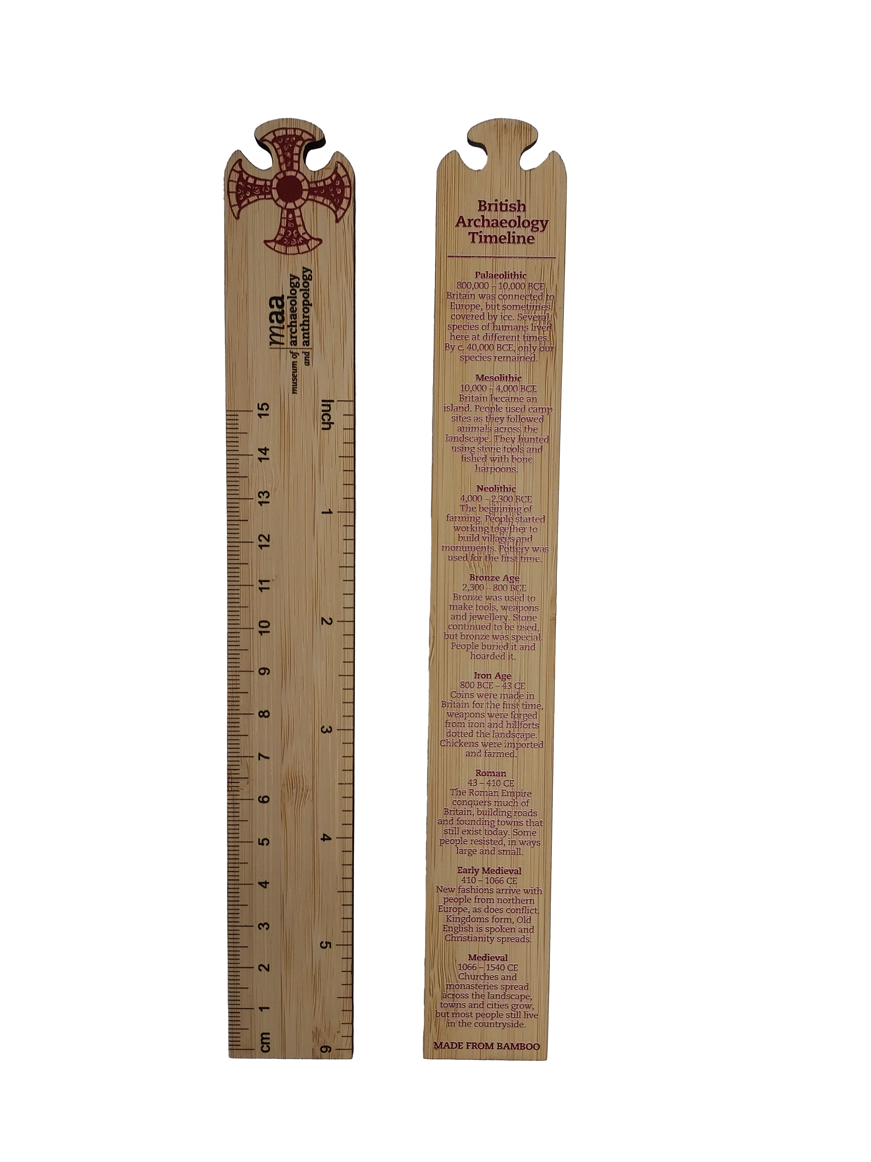Two 15cm rulers side by side. The left hand ruler shows measurements in cm and inches and has a depiction of the Trumpington Cross at the top. The second shows a timeline of British Archaeological periods.