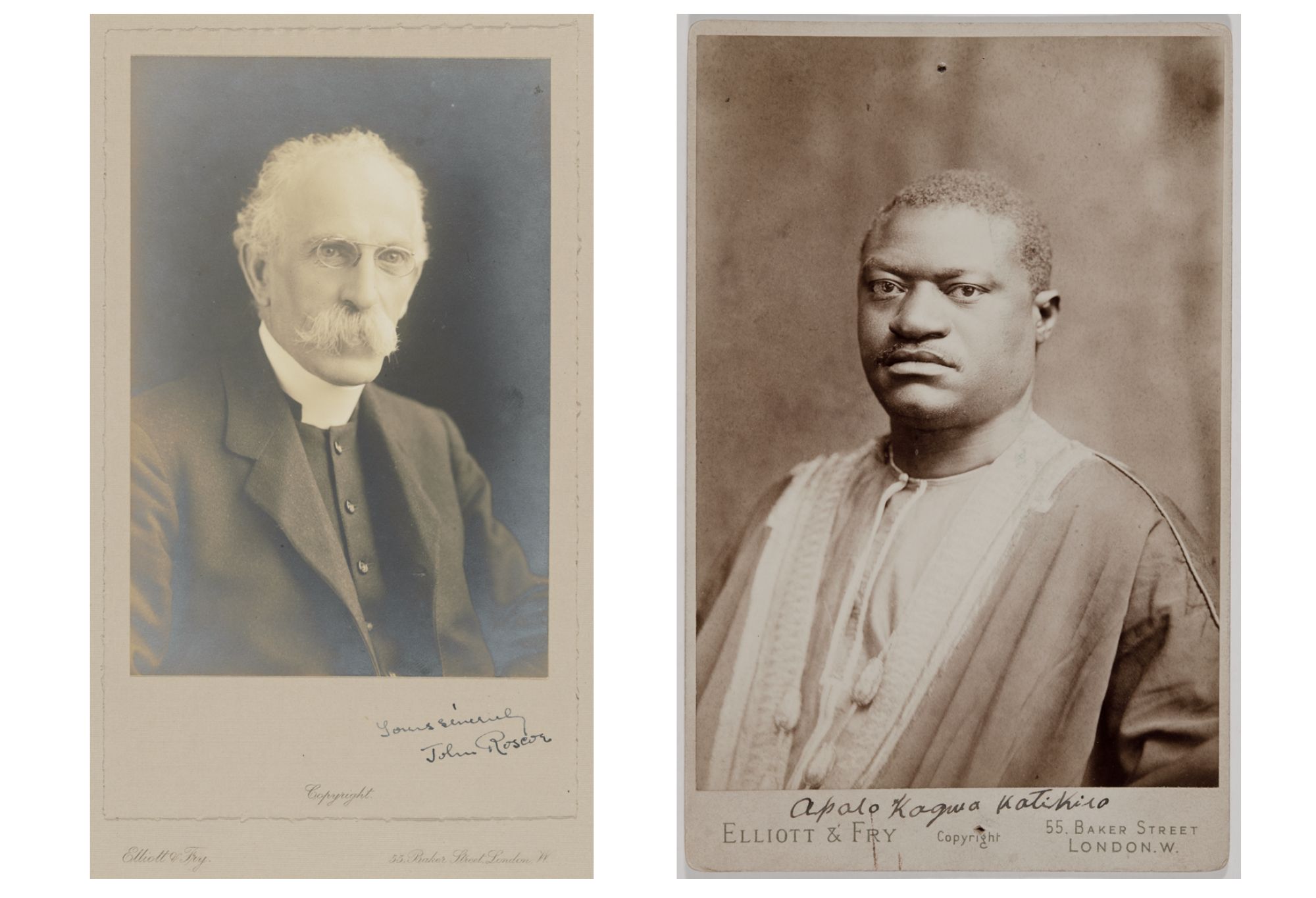 Black and white studio portraits of the head and shoulders of two men. The man on the left is older, has a moustache and wears glasses and a clerical collar. The man on the right is clean shaven, with closely cut hair and wearing robes.