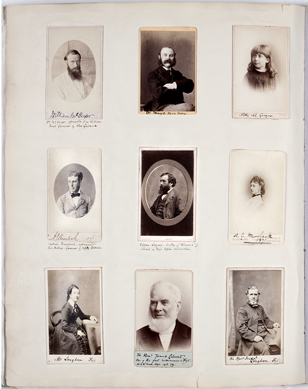 Photo album page of nine studio portraits with captions underneath each image. All portraits are of white, middle-class men and women in traditional victorian photographic style.