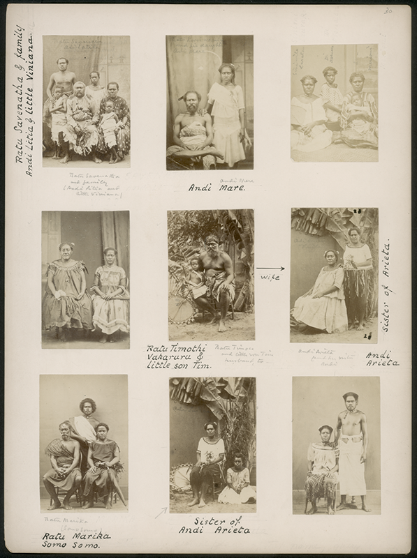 Page of a photo album showing nine sepia photographs of people, with notations and captions scribbled around the images.