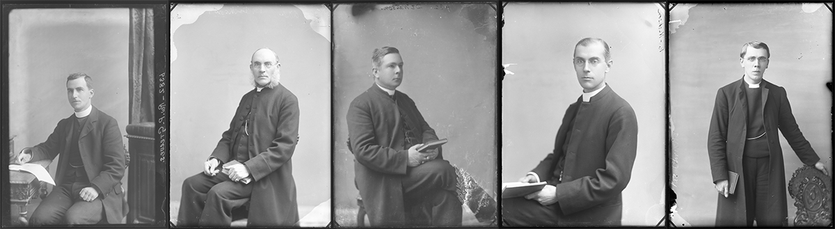 Five black and white photographs of priests in various seated positions, laid out side by side horizontally.