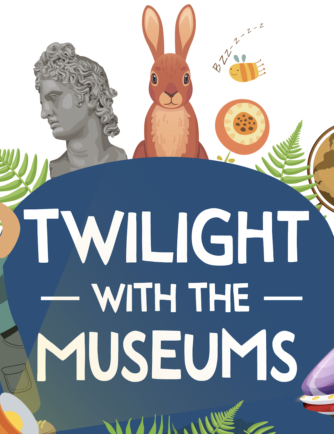 'Twilight with the Museums' banner, with illustrations of children and families enjoying activities from all over the Cambridge Museums and leaves interspersed. 
