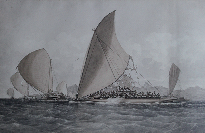 A painting of a fleet of drum off the coast of Ovalau Island. Large boats struggle in the wind and choppy seas, with large asymmetrical sails and lots of men on board. The whole scene is shades of grey.