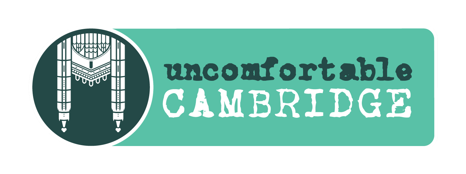 Uncomfortable Cambridge logo. Shows an illustration of Kings College gate, upside down. Green background and typewriter font for the title.