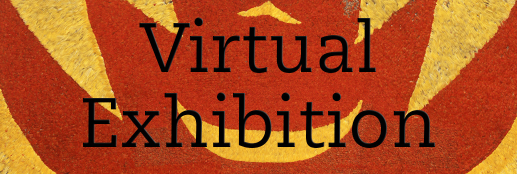 Graphic that reads 'Virtual Exhibition' over the top of a zoomed in image of a brightly coloured feathered cloak, with red feathers inlaid with triangular yellow feathered patterns.