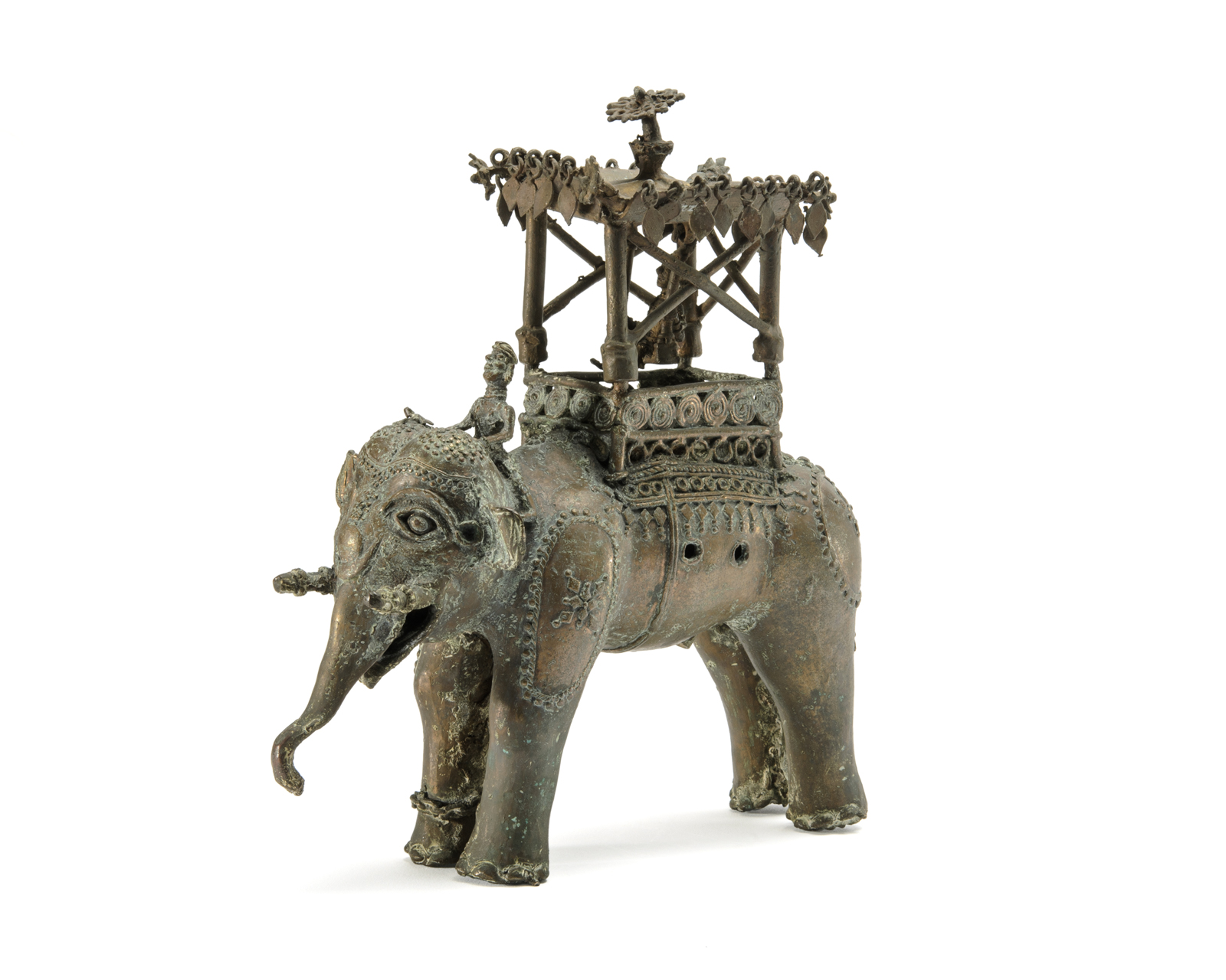 Bell metal statue of an elephant carrying a deity in a howdah on its back