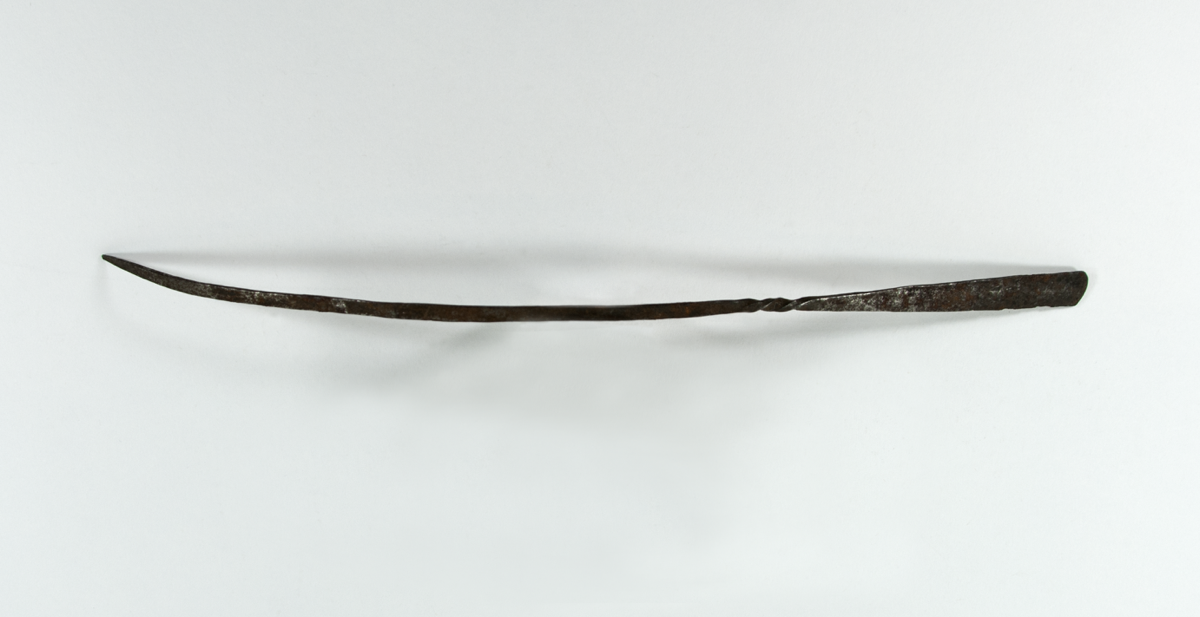 Iron hairpin with a rounded head tapering into a narrow pin. The whole pin is slightly curved.