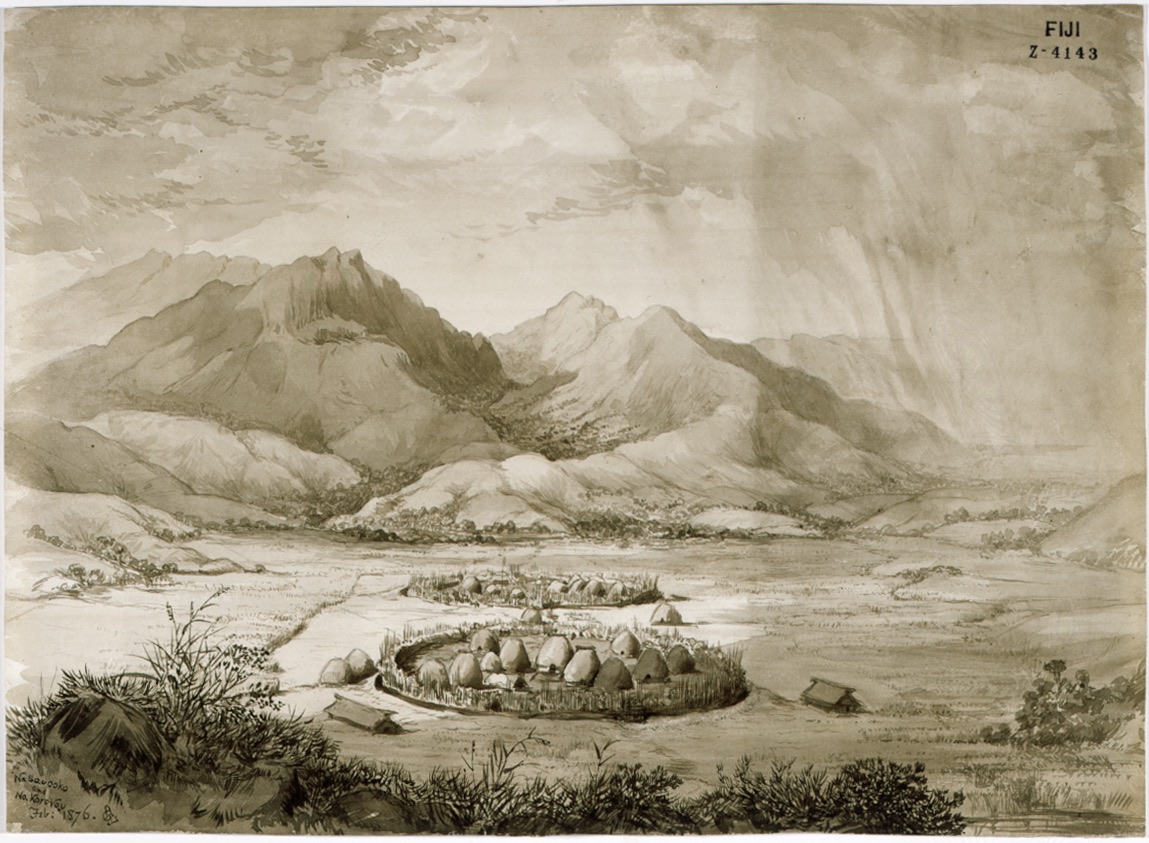 Drawing of a mountain range with two circular villages seen in the foreground. Image is slightly creased on the right hand side.
