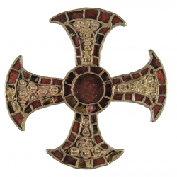 The Trumpington Cross. Gold and garnet cloisonné pectoral cross, with central roundel and flaring arms. Anglo-saxon from Cambridgeshire, UK.