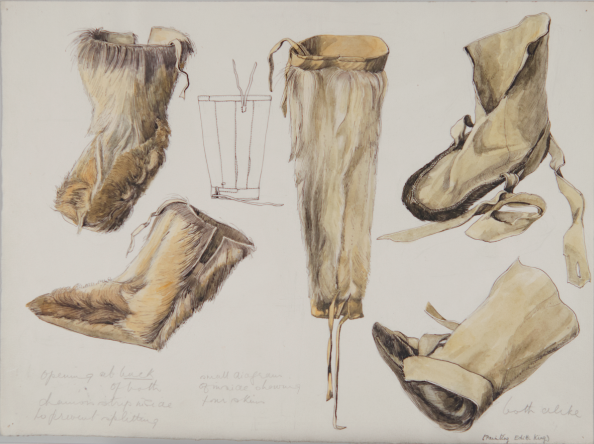 A series of watercolour and sketches depicting animal hide boots.
