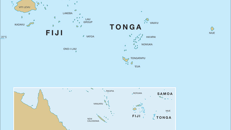 A map of western Polynesia showing Fiji, Tonga and Samoa, as well as their spatial relation to Australia and New Zealand.