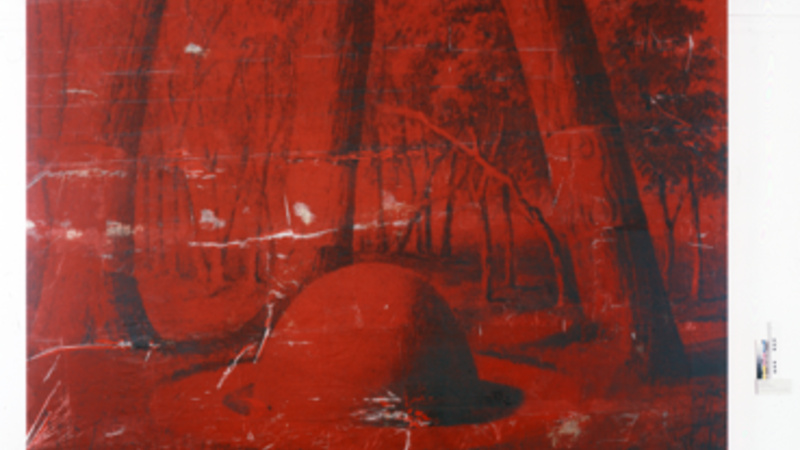 'The Island I' [red mound], by Brook Andrew, 2007. Screen print in mixed media on linen.