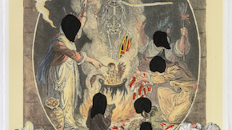 Artwork 'Prime new plan: panic' featuring a victorian-era print with collage detailing, covering over faces of those in the scene (except for the figure of a skeleton) and featuring a British flag.