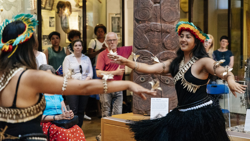 Two Kiribati Dancers performing at the opening for the Pacific Currents exhibition