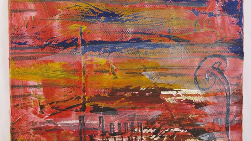 Acrylic painting on canvas of Cambridge College roofscapes with Maori fern, koru, titled 'Maori in Cambridge', by Alison Waru