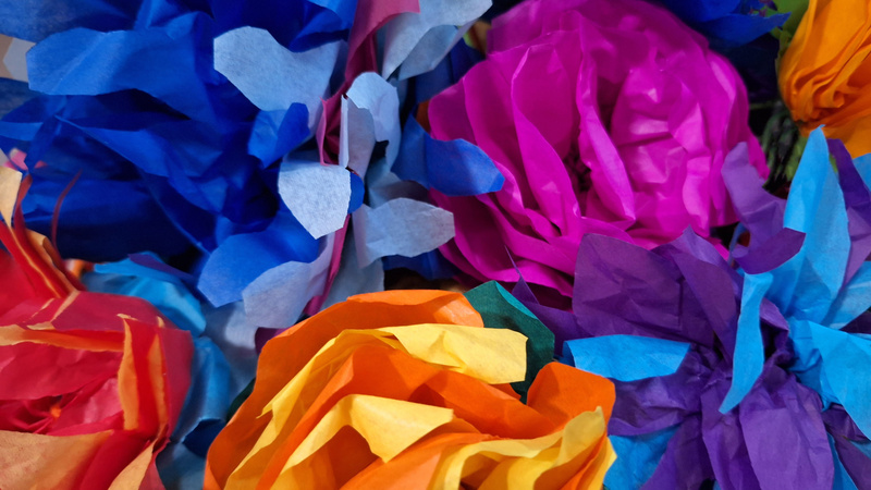 Tissue paper flowers in a variety of colours