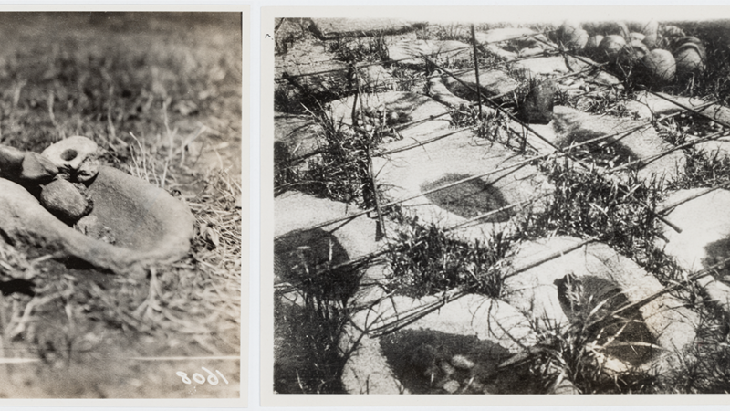 Two images of a rain shrine at Shindiru - one of a single pile of stones (left, sepia) and one of many vessels laying in the grass (right, black and white).