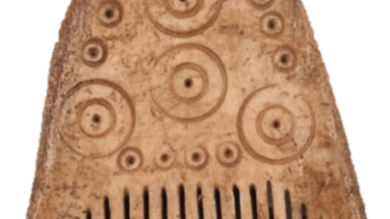 A rounded bone comb with narrow teeth. The body of the comb has circular detailing, smaller at the edge then four large circles interspersed throughout.