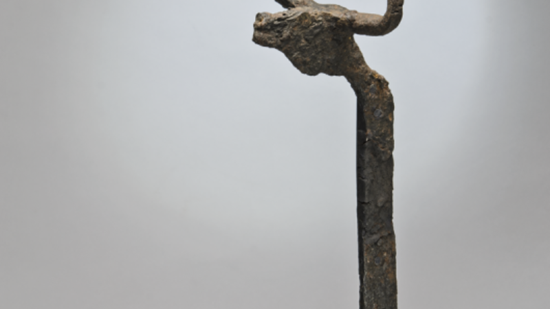 Detail of a horned animal head at the top of a firedog.