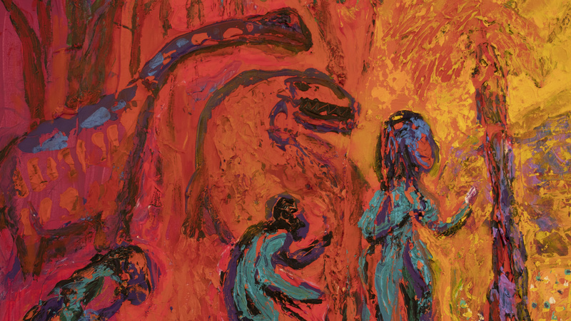 The image features three dinosaur and man's evolution from a crouching ape to a woman holding a mobile phone.