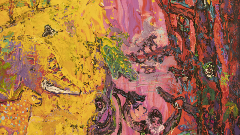 The image shows a forest scene with two monkeys, crocodiles, three ibis on a branch, butterflies, a lion, an elephant, a fish and a leopard.