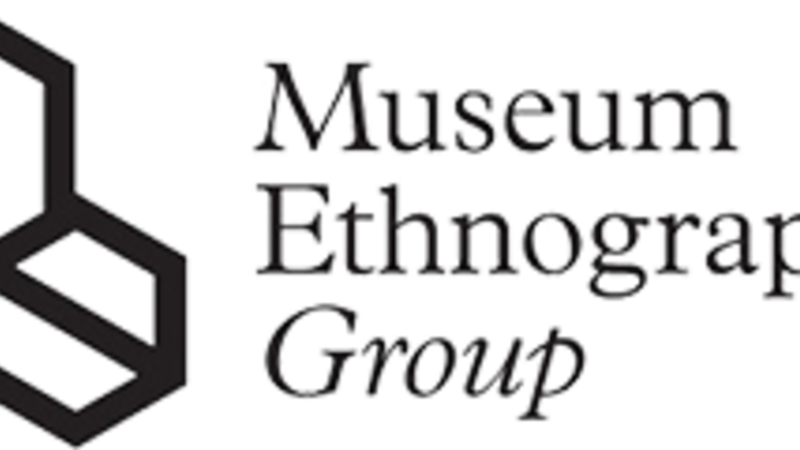 Museum Ethnographers Group logo - a three-pointed shape with lines extending from the middle, and then the title on the right.