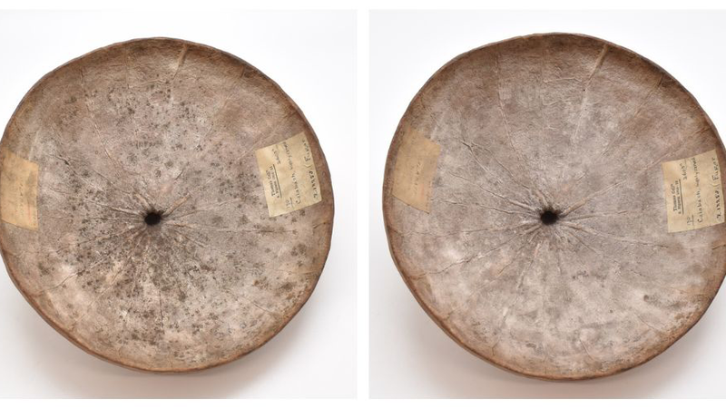 A shallow bowl with dark patches of mould on the interior surface on the left and the same bowl again on the right with the mould removed.