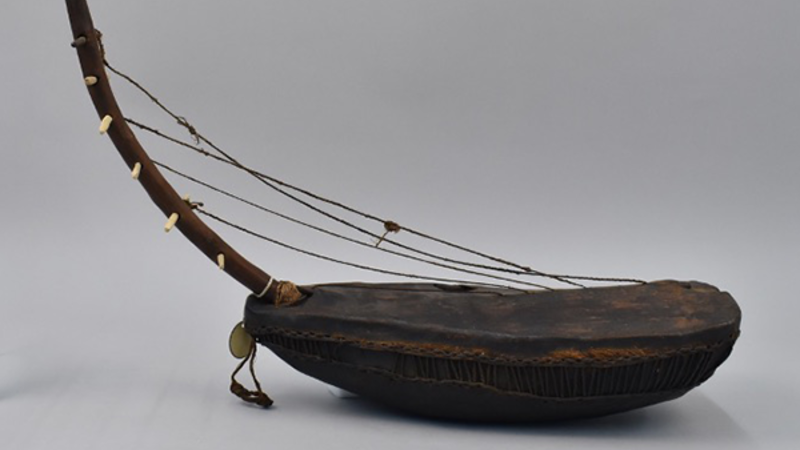 Dark brown musical instrument object, set against a grey studio background.