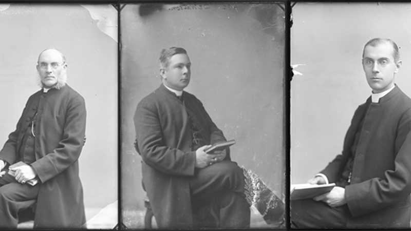 Five black and white photographs of priests in various seated positions, laid out side by side horizontally.