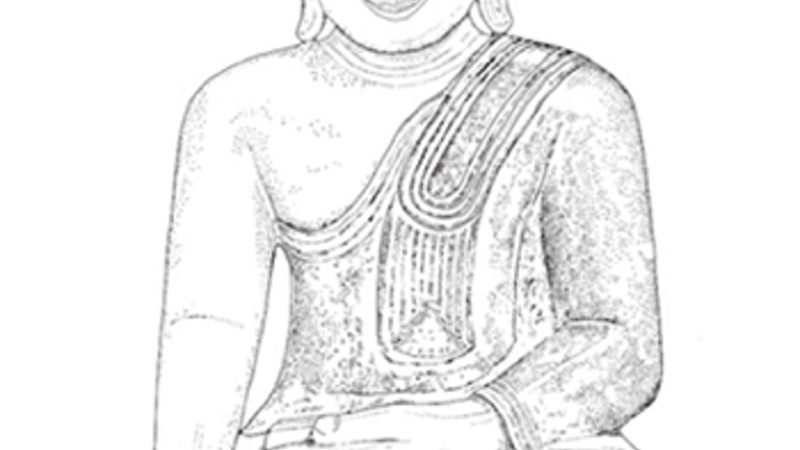 A line drawing of a statue of a seated buddha, in the 'earth- touching position'