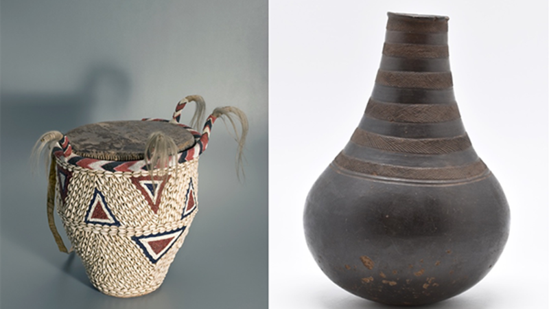 Two photographs of objects. On the left is a royal drum in cream, red and black with triangular decoration, and on the right is a black glazed earthenware milk pot.