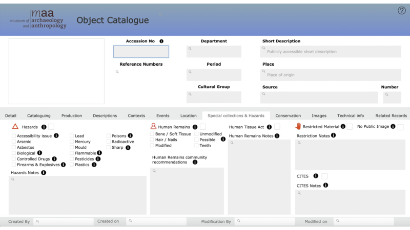A blank temple of the special collections and hazards tab in the object catalogue. It lists possible hazards, human remains, and restricted material.