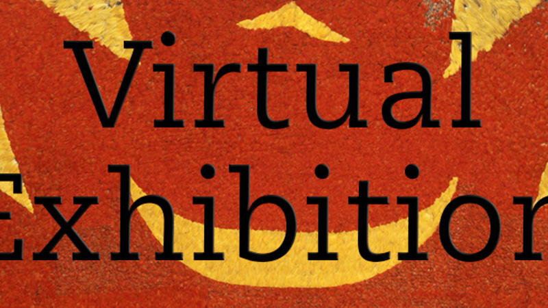 Graphic that reads 'Virtual Exhibition' over the top of a zoomed in image of a brightly coloured feathered cloak, with red feathers inlaid with triangular yellow feathered patterns.