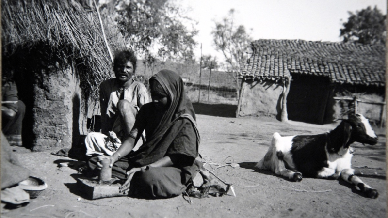 A woman wearing a sari uses a pestle and mortar to grind spices. Behind her sits a man whilst a goat lies off to the right.