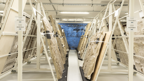 The museum's off-site store with plaster casts from Maya stela secured to slightly slanted stands. On the wall in the background is a large blue canvas.
