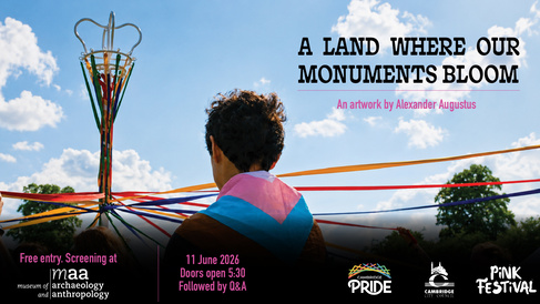 The Cambridge Pride 2025 celebrations with attendees dancing around a May Pole. In the foreground one of the dancers who is holding a ribbon wears a Progress Pride flag like a cape.