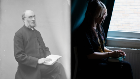 Two images side by side. One black and white photograph, showing a priest seated, holding a book. The other of a woman sat down, holding her grandfather's possessions, dimly lit.