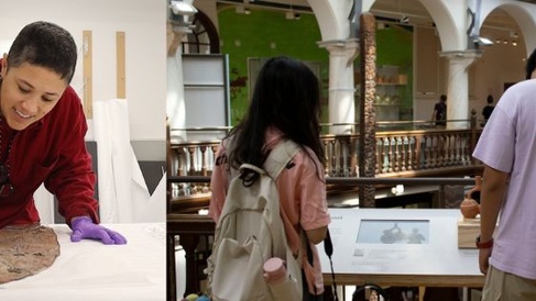 To the left a conservator shines a light from her phone onto the surface of an object. To the right a couple stand in front of a display with a replica pot and small screen. One of them holds a pair of headphones to his ear.